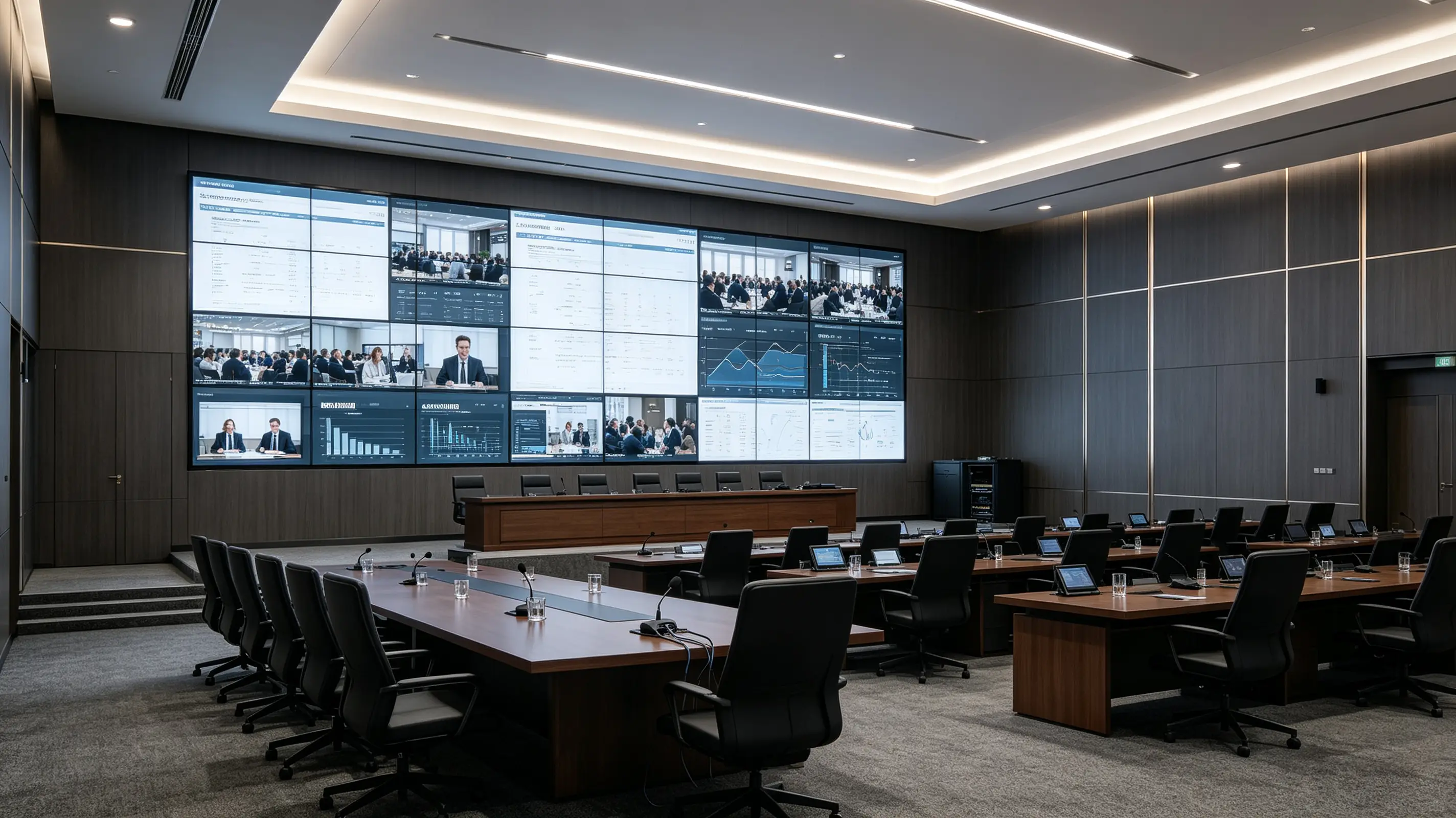 Commercial LCD Video Wall Splicing Screen Array Installed in Corporate Boardroom